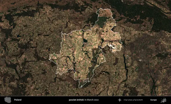 powiat zninski. Polonya 'nın idari alanı, Mart 2022' de çekilen Kopernik Nöbetçi karolarından oluşan koyu renkli bir uydu görüntüsü üzerine vurgulandı ve özetlendi.