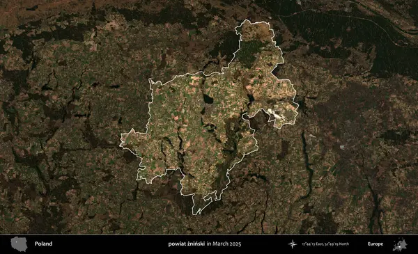 powiat zninski. Polonya 'nın idari alanı, Mart 2025' te çekilen Kopernik Nöbetçi karolarından oluşan koyu renkli bir uydu görüntüsü üzerine vurgulandı ve özetlendi