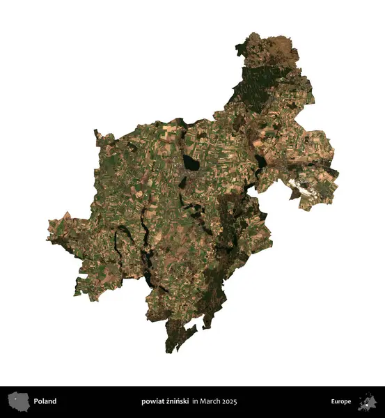 powiat zninski. Polonya idari bölgesi, Mart 2025 'te çekilen Kopernik Nöbetçi karolarından oluşan bir uydu görüntüsü üzerinde beyaza izole edildi.