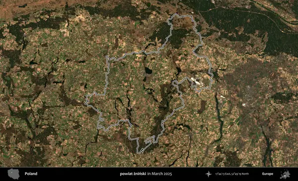 powiat zninski. Polonya 'nın idari bölgesinin ana hatları, Mart 2025' te çekilen Kopernik Nöbetçi karolarından oluşan bir uydu görüntüsü üzerine çizildi.