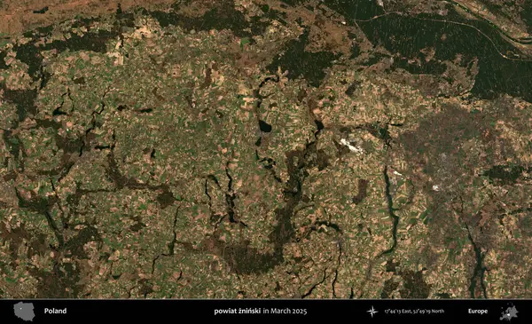 powiat zninski. Copernicus Sentinel 'in Mart 2025' te çekilmiş uydu görüntüsü üzerine Polonya 'nın idari bölgesi
