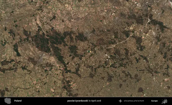 powiat zyrardowski. Nisan 2018 'de çekilen Kopernik Sentinel karolarından oluşan bir uydu görüntüsü üzerine Polonya' nın idari bölgesi
