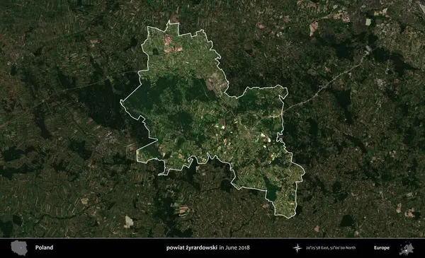 powiat zyrardowski. Polonya 'nın idari alanı, Haziran 2018' de çekilen Kopernik Nöbetçi karolarından oluşan koyu renkli bir uydu görüntüsüyle vurgulandı ve özetlendi