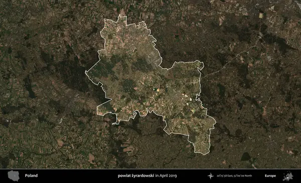 powiat zyrardowski. Polonya 'nın idari alanı, Nisan 2019' da çekilen Kopernik Nöbetçi karolarından oluşan koyu renkli bir uydu görüntüsü üzerine vurgulandı ve özetlendi.