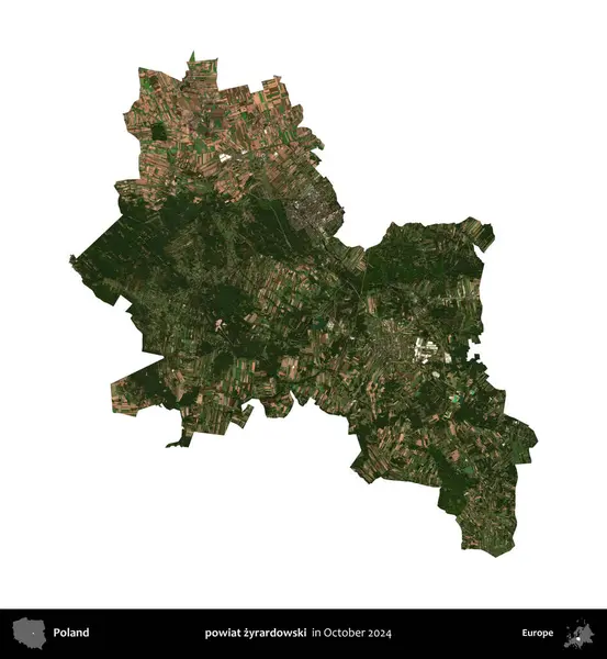 powiat zyrardowski. Polonya idari bölgesi, Ekim 2024 'te çekilen Kopernik Nöbetçi karolarından oluşan bir uydu görüntüsü üzerinde beyaza izole edildi.
