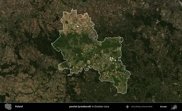 powiat zyrardowski. Polonya 'nın idari alanı, Ekim 2024' te çekilen Kopernik Nöbetçi karolarından oluşan koyu renkli bir uydu görüntüsü üzerine vurgulandı ve özetlendi