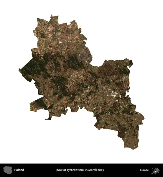 powiat zyrardowski. Polonya idari bölgesi, Mart 2025 'te çekilen Kopernik Nöbetçi karolarından oluşan bir uydu görüntüsü üzerinde beyaza izole edildi.
