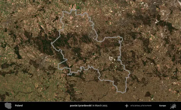 powiat zyrardowski. Polonya 'nın idari bölgesinin ana hatları, Mart 2025' te çekilen Kopernik Nöbetçi karolarından oluşan bir uydu görüntüsü üzerine çizildi.