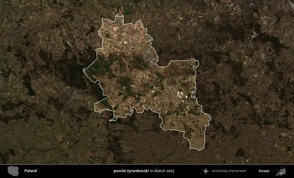 powiat zyrardowski. Polonya 'nın idari alanı, Mart 2025' te çekilen Kopernik Nöbetçi karolarından oluşan koyu renkli bir uydu görüntüsü üzerine vurgulandı ve özetlendi