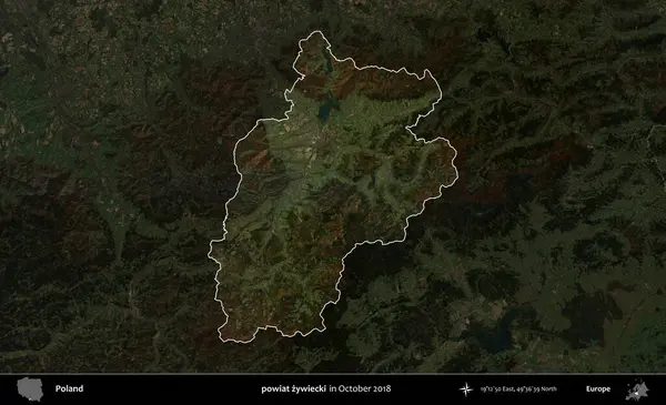 powiat zywiecki. Polonya 'nın idari alanı, Ekim 2018' de çekilen Kopernik Nöbetçi karolarından oluşan koyu renkli bir uydu görüntüsü üzerine vurgulandı ve özetlendi