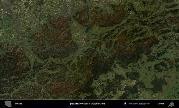 powiat zywiecki. Polonya 'nın idari bölgesi, Ekim 2018' de çekilen Kopernik Sentinel karolarından oluşan bir uydu görüntüsü üzerine kurulmuştur.