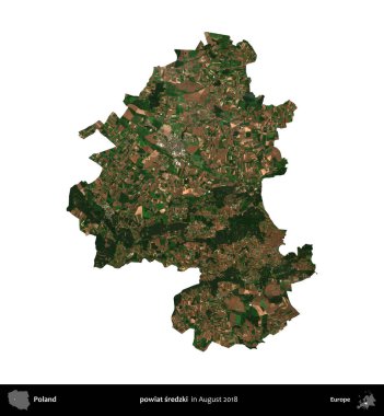 powiat sredzki. Polonya idari bölgesi, Ağustos 2018 'de çekilen Kopernik Nöbetçi karolarından oluşan bir uydu görüntüsü üzerinde beyaza izole edildi.