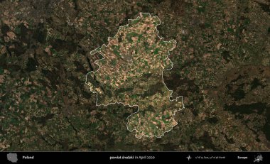 powiat sredzki. Polonya 'nın idari alanı, Nisan 2020' de çekilen Kopernik Nöbetçi karolarından oluşan koyu renkli bir uydu görüntüsü üzerine vurgulandı ve özetlendi