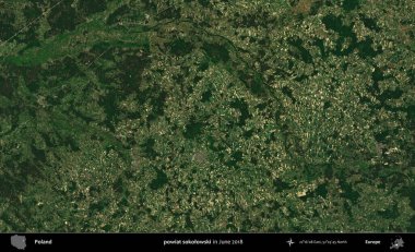 powiat sokolowski. Copernicus Sentinel 'in Haziran 2018' de çekilmiş uydu görüntüsü üzerine Polonya 'nın idari bölgesi