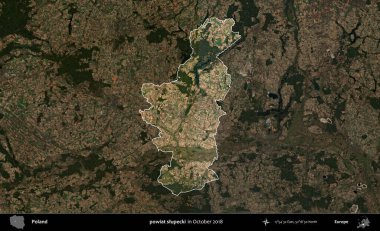 powiat slupecki. Polonya 'nın idari alanı, Ekim 2018' de çekilen Kopernik Nöbetçi karolarından oluşan koyu renkli bir uydu görüntüsü üzerine vurgulandı ve özetlendi