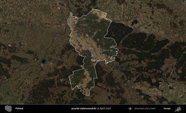 powiat stalowowolski. Polonya 'nın idari alanı, Nisan 2020' de çekilen Kopernik Nöbetçi karolarından oluşan koyu renkli bir uydu görüntüsü üzerine vurgulandı ve özetlendi