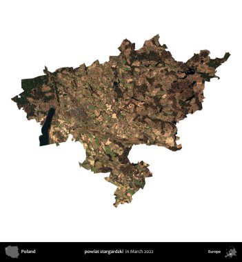 powiat stargardzki. Polonya idari bölgesi, Mart 2022 'de çekilen Kopernik Nöbetçi karolarından oluşan bir uydu görüntüsü üzerinde beyaza izole edildi.