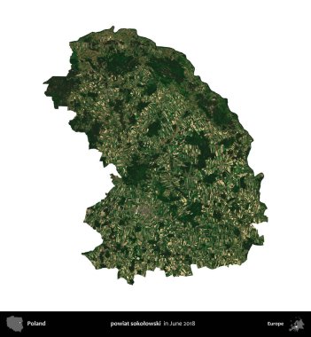 powiat sokolowski. Polonya idari bölgesi, Haziran 2018 'de çekilen Kopernik Nöbetçi karolarından oluşan bir uydu görüntüsü üzerinde beyaza izole edildi.