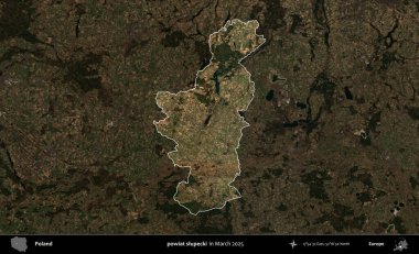 powiat slupecki. Polonya 'nın idari alanı, Mart 2025' te çekilen Kopernik Nöbetçi karolarından oluşan koyu renkli bir uydu görüntüsü üzerine vurgulandı ve özetlendi