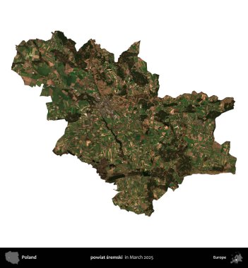 powiat sremski. Polonya idari bölgesi, Mart 2025 'te çekilen Kopernik Nöbetçi karolarından oluşan bir uydu görüntüsü üzerinde beyaza izole edildi.