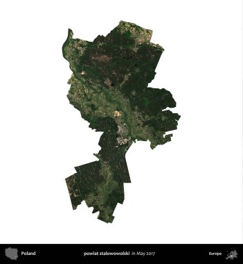 powiat stalowowolski. Polonya idari bölgesi, Mayıs 2017 'de çekilen Kopernik Nöbetçi karolarından oluşan bir uydu görüntüsü üzerinde beyaza izole edildi.