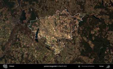powiat stargardzki. Polonya 'nın idari alanı, Mart 2022' de çekilen Kopernik Nöbetçi karolarından oluşan koyu renkli bir uydu görüntüsü üzerine vurgulandı ve özetlendi.