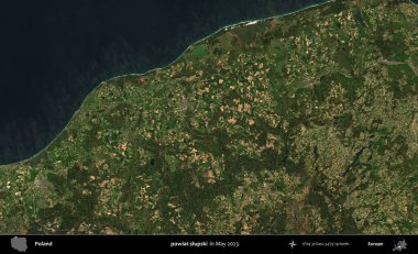 Powiat Slumpski. Copernicus Sentinel 'in Mayıs 2023' te çekilmiş uydu görüntüsü üzerine Polonya 'nın idari bölgesi.