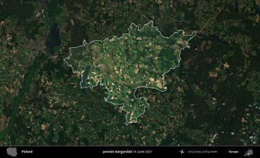 powiat stargardzki. Polonya 'nın idari alanı, Haziran 2021' de çekilen Kopernik Nöbetçi karolarından oluşan koyu renkli bir uydu görüntüsüyle vurgulandı ve özetlendi