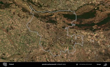 powiat sochaczewski. Polonya 'nın idari bölgesinin ana hatları, Mart 2025' te çekilen Kopernik Nöbetçi karolarından oluşan bir uydu görüntüsü üzerine çizildi.