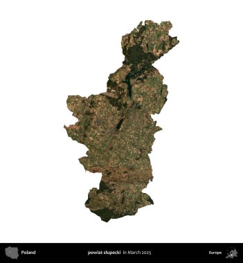 powiat slupecki. Polonya idari bölgesi, Mart 2025 'te çekilen Kopernik Nöbetçi karolarından oluşan bir uydu görüntüsü üzerinde beyaza izole edildi.