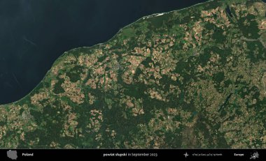 Powiat Slumpski. Eylül 2023 'te Copernicus Sentinel karolarından oluşan uydu görüntüsü üzerine Polonya' nın idari bölgesi