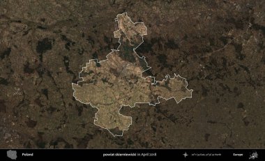 powiat skierniewicki. Polonya 'nın idari alanı, Nisan 2018' de çekilen Kopernik Nöbetçi karolarından oluşan koyu renkli bir uydu görüntüsü üzerine vurgulandı ve özetlendi