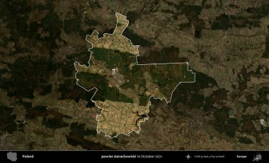 powiat starachowicki. Polonya 'nın idari alanı, Ekim 2021' de çekilen Kopernik Nöbetçi karolarından oluşan koyu renkli bir uydu görüntüsü üzerine vurgulandı ve özetlendi