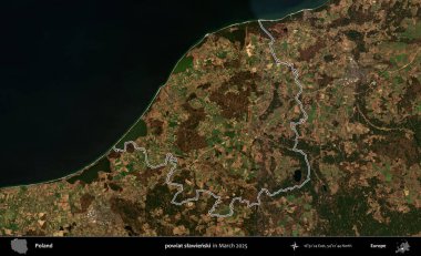 powiat slawienski. Polonya 'nın idari bölgesinin ana hatları, Mart 2025' te çekilen Kopernik Nöbetçi karolarından oluşan bir uydu görüntüsü üzerine çizildi.