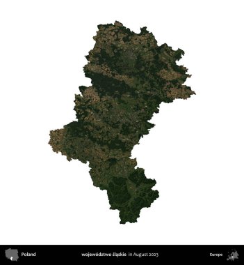 wojewodz2 slaskie. Polonya idari bölgesi, Ağustos 2023 'te çekilen Kopernik Nöbetçi karolarından oluşan bir uydu görüntüsü üzerinde beyaza izole edildi.