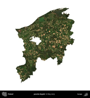 Powiat Slumpski. Polonya 'nın idari bölgesi, Mayıs 2023' te çekilen Kopernik Nöbetçi Fayanslarından oluşan bir uydu görüntüsüyle beyaza izole edildi.