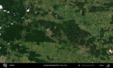 powiat starachowicki. Copernicus Sentinel 'in Mayıs 2018' de çekilmiş uydu görüntüsü üzerine Polonya 'nın idari bölgesi.