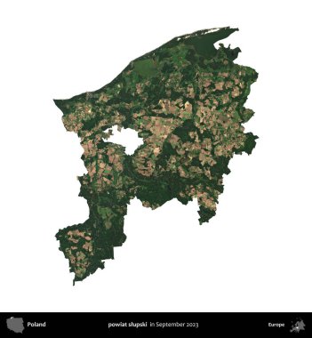 Powiat Slumpski. Polonya idari bölgesi, Eylül 2023 'te çekilen Kopernik Nöbetçi karolarından oluşan bir uydu görüntüsü üzerinde beyaza izole edildi.
