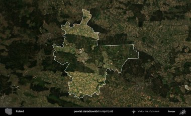 powiat starachowicki. Polonya 'nın idari alanı, Nisan 2018' de çekilen Kopernik Nöbetçi karolarından oluşan koyu renkli bir uydu görüntüsü üzerine vurgulandı ve özetlendi