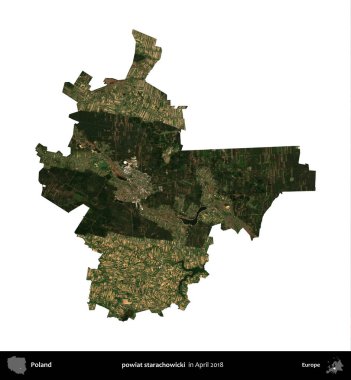 powiat starachowicki. Polonya idari bölgesi, Nisan 2018 'de çekilen Kopernik Nöbetçi karolarından oluşan bir uydu görüntüsü üzerinde beyaza izole edildi.