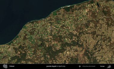 Powiat Slumpski. Nisan 2019 'da çekilen Kopernik Sentinel karolarından oluşan bir uydu görüntüsü üzerine Polonya' nın idari bölgesi