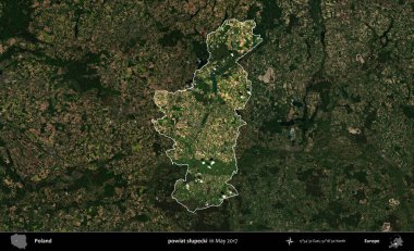 powiat slupecki. Polonya 'nın idari alanı, Mayıs 2017' de çekilen Kopernik Nöbetçi karolarından oluşan koyu renkli bir uydu görüntüsü üzerinde vurgulandı ve özetlendi.
