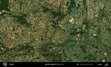 powiat slupecki. Copernicus Sentinel 'in Mayıs 2017' de çekilmiş uydu görüntüsü üzerine Polonya 'nın idari bölgesi.