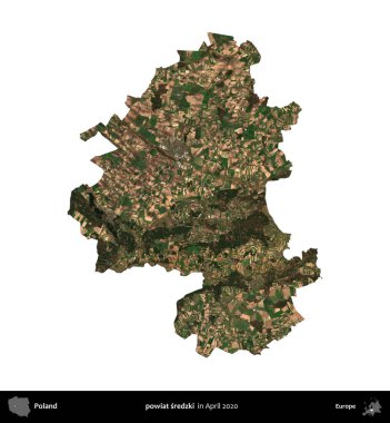 powiat sredzki. Polonya idari bölgesi, Nisan 2020 'de çekilen Kopernik Nöbetçi karolarından oluşan bir uydu görüntüsü üzerinde beyaza izole edildi.