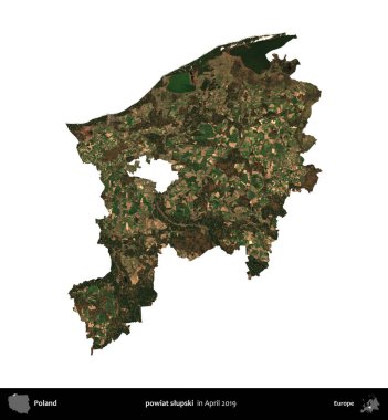 Powiat Slumpski. Polonya idari bölgesi, Nisan 2019 'da çekilen Kopernik Nöbetçi karolarından oluşan bir uydu görüntüsü üzerinde beyaza izole edildi.