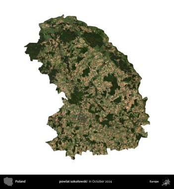 powiat sokolowski. Polonya idari bölgesi, Ekim 2024 'te çekilen Kopernik Nöbetçi karolarından oluşan bir uydu görüntüsü üzerinde beyaza izole edildi.