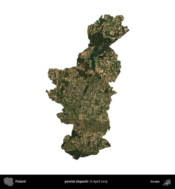 powiat slupecki. Polonya idari bölgesi, Nisan 2019 'da çekilen Kopernik Nöbetçi karolarından oluşan bir uydu görüntüsü üzerinde beyaza izole edildi.