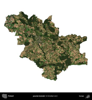 powiat sremski. Polonya 'nın idari bölgesi, Ekim 2017' de çekilen Kopernik Nöbetçi karolarından oluşan bir uydu görüntüsü üzerinde beyaza izole edildi.