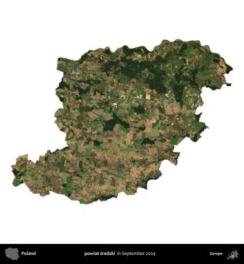 powiat sredzki. Polonya idari bölgesi, Eylül 2024 'te çekilen Kopernik Nöbetçi karolarından oluşan bir uydu görüntüsü üzerinde beyaza izole edildi.