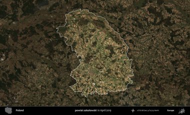 powiat sokolowski. Polonya 'nın idari alanı, Nisan 2019' da çekilen Kopernik Nöbetçi karolarından oluşan koyu renkli bir uydu görüntüsü üzerine vurgulandı ve özetlendi.